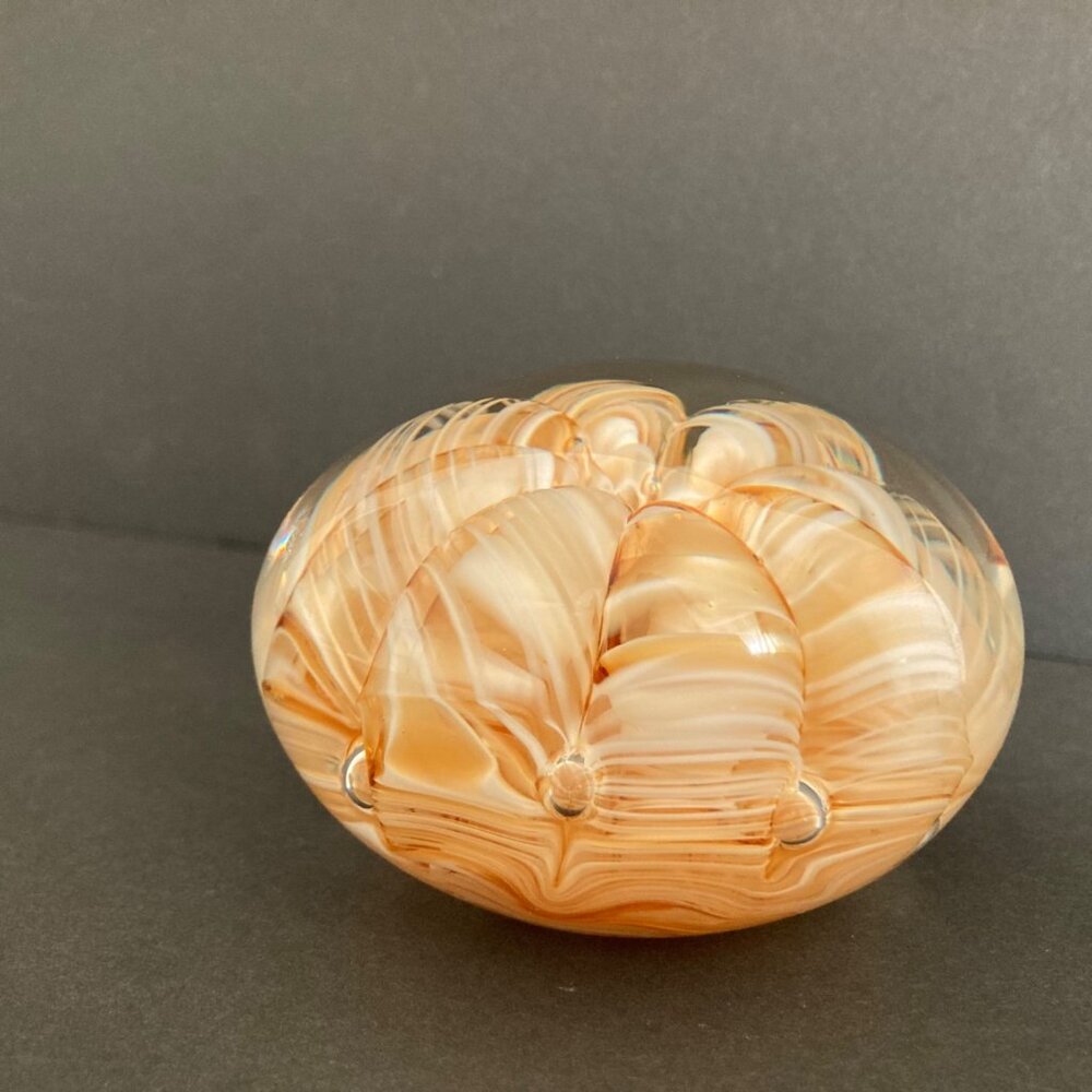 Joe Rice Art Glass Paperweight With Swirled Floral Gold Ribbon Design - Picture 2 of 10